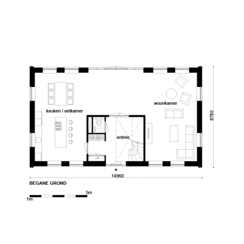 Standaard woning afmeting 14,96x8,78 meter inhoud 845 m3 (Casco)